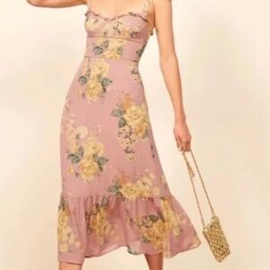 Reformation Nikita Dress Floral Print Ruffle Tie Straps Pink/Yellow Size 0